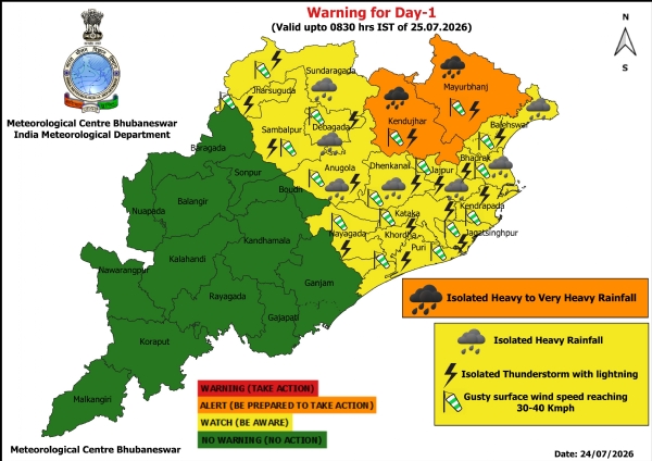 ଆଗାମୀ ୨୪ ଘଂଟା ପାଇଁ ୨ ଜିଲ୍ଲାକୁ ଅରେଞ୍ଜ ୱାର୍ଣ୍ଣିଂ, ୭ ଜିଲ୍ଲାକୁ ୟେଲୋ ୱାର୍ଣ୍ଣିଂ