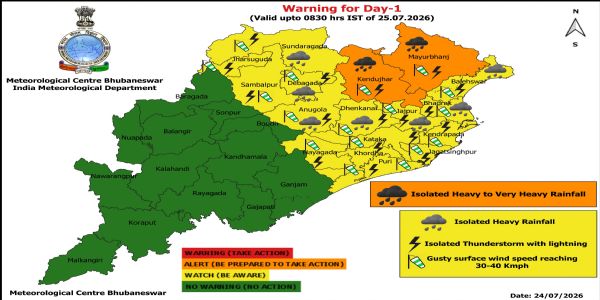 ଝଡ଼, ବଜ୍ରପାତ ଓ ପବନର ସମ୍ଭାବନା ନେଇ ଆଗାମୀ ୫ ଦିନ ରାଜ୍ୟର କେତେକ ଜିଲ୍ଲାକୁ ଚେତାବନୀ : ଆଗାମୀ ୨୪ ଘଂଟା ପାଇଁ ୨ ଜିଲ୍ଲାକୁ ଅରେଞ୍ଜ ୱାର୍ଣ୍ଣିଂ, ୧୫ ଜିଲ୍ଲାକୁ ୟେଲୋ ୱାର୍ଣ୍ଣିଂ
