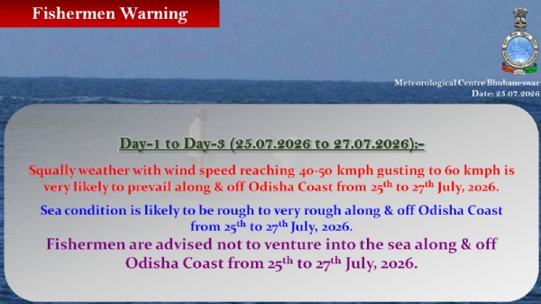 ଆଗାମୀ ୩ ଦିନ ମତ୍ସ୍ୟଜିବୀଙ୍କୁ ସମୁଦ୍ରକୁ ଯିବାକୁ ବାରଣ