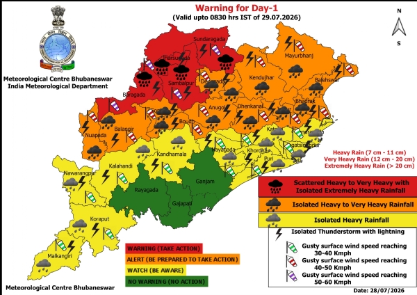 ଭୀଷଣ ବର୍ଷାର ସମ୍ଭାବନା ନେଇ ଆଗାମୀ ୨୪ ଘଂଟା ପାଇଁ ୪ ଜିଲ୍ଲାକୁ ରେଡ୍ ୱାର୍ଣ୍ଣିଂ, ୧୨ ଜିଲ୍ଲାକୁ ଅରେଞ୍ଜ ୱାର୍ଣ୍ଣିଂ, ୧୧ ଜିଲ୍ଲାକୁ ୟେଲୋ ୱାର୍ଣ୍ଣିଂ