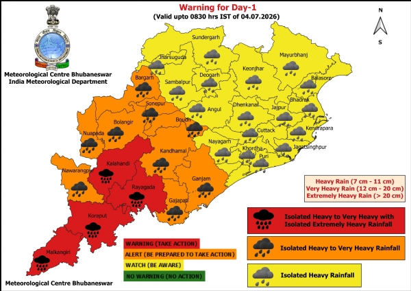 ଆଗାମୀ ୨୪ ଘଂଟା ପାଇଁ ୪ ଜିଲ୍ଲାକୁ ରେଡ୍ ୱାର୍ଣ୍ଣିଂ, ୯ ଜିଲ୍ଲାକୁ ଅରେଞ୍ଜ ୱାର୍ଣ୍ଣିଂ, ୧୭ ଜିଲ୍ଲାକୁ ୟେଲୋ ୱାର୍ଣ୍ଣିଂ