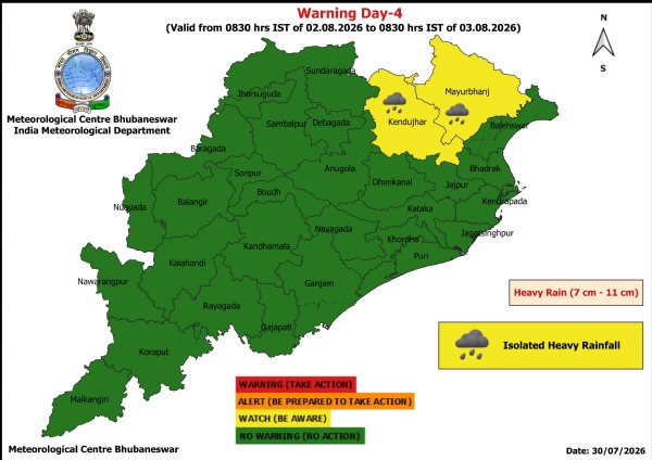 ଭୀଷଣ ବର୍ଷା ସମ୍ଭାବନା ନେଇ ଅଗଷ୍ଟ ୨ ତାରିଖ ସକାଳ ଠାରୁ ୩ ତାରିଖ ସକାଳ ପର୍ଯ୍ୟନ୍ତ ୨ ଜିଲ୍ଲା(କେନ୍ଦୁଝର, ମୟୂରଭଞ୍ଜ)କୁ ୟେଲୋ ୱାର୍ଣ୍ଣିଂ ଜାରି ହୋଇଛି