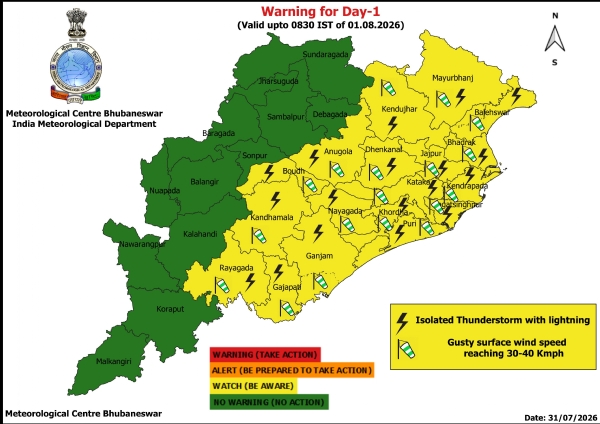 ଝଡ଼, ବଜ୍ରପାତ ଓ ପବନର ସମ୍ଭାବନା ନେଇ ଆଗାମୀ ୨୪ ଘଂଟା ପାଇଁ ୧୮ ଜିଲ୍ଲାକୁ ୟେଲୋ ୱାର୍ଣ୍ଣିଂ ଝଡ଼, ବଜ୍ରପାତ ଓ ପବନର ସମ୍ଭାବନା ନେଇ ଆଗାମୀ ୨୪ ଘଂଟା ପାଇଁ ୧୮ ଜିଲ୍ଲାକୁ ୟେଲୋ ୱାର୍ଣ୍ଣିଂ