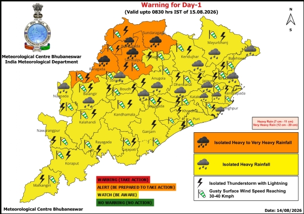 ଭୀଷଣ ବର୍ଷା ସମ୍ଭାବନା ନେଇ ଆଗାମୀ ୫ ଦିନ ରାଜ୍ୟର କେତେକ ଜିଲ୍ଲାକୁ ଚେତାବନୀ : ଆଗାମୀ ୨୪ ଘଂଟା ପାଇଁ ୪ ଜିଲ୍ଲାକୁ ଅରେଞ୍ଜ ୱାର୍ଣ୍ଣିଂ, ୧୪ ଜିଲ୍ଲାକୁ ୟେଲୋ ୱାର୍ଣ୍ଣିଂ