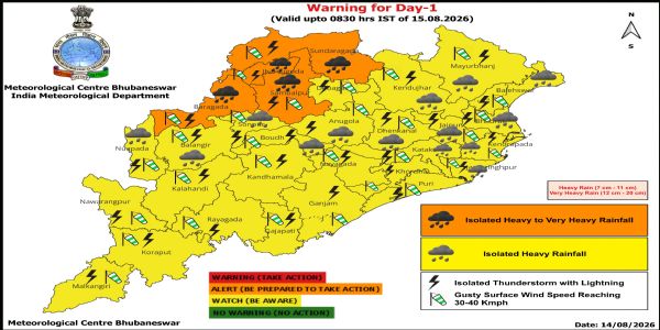 ଭୀଷଣ ବର୍ଷା ସମ୍ଭାବନା ନେଇ ଆଗାମୀ ୫ ଦିନ ରାଜ୍ୟର କେତେକ ଜିଲ୍ଲାକୁ ଚେତାବନୀ : ଆଗାମୀ ୨୪ ଘଂଟା ପାଇଁ ୪ ଜିଲ୍ଲାକୁ ଅରେଞ୍ଜ ୱାର୍ଣ୍ଣିଂ, ୧୪ ଜିଲ୍ଲାକୁ ୟେଲୋ ୱାର୍ଣ୍ଣିଂ