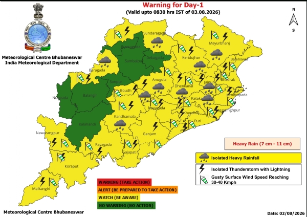 ଆଗାମୀ ୨୪ ଘଂଟା ପାଇଁ ୧୦ ଜିଲ୍ଲାକୁ ୟେଲୋ ୱାର୍ଣ୍ଣିଂ