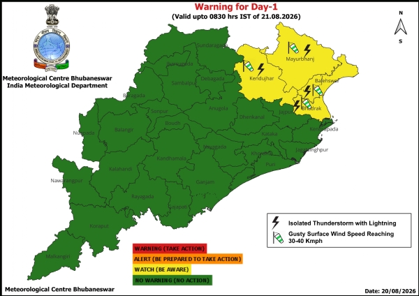ଝଡ଼, ବଜ୍ରପାତ ଓ ପବନର ସମ୍ଭାବନା ନେଇ ଆଗାମୀ ୨୪ ଘଂଟା ପାଇଁ ୪ ଜିଲ୍ଲାକୁ ୟେଲୋ ୱାର୍ଣ୍ଣିଂ ଝଡ଼, ବଜ୍ରପାତ ଓ ପବନର ସମ୍ଭାବନା ନେଇ ଆଗାମୀ ୨୪ ଘଂଟା ପାଇଁ ୪ ଜିଲ୍ଲାକୁ ୟେଲୋ ୱାର୍ଣ୍ଣିଂ