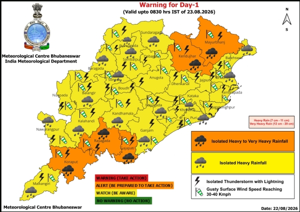 କେତେକ ସ୍ଥାନରେ ଭୀଷଣରୁ ଅତିଭୀଷଣ ବର୍ଷା, ଭୀଷଣ ବର୍ଷା ଚେତାବନୀ : ଆଗାମୀ ୨୪ ଘଂଟା ୫ ଜିଲ୍ଲାକୁ ଅରେଞ୍ଜ ୱାର୍ଣ୍ଣିଂ, ୧୬  ଜିଲ୍ଲାକୁ ୟେଲୋ ୱାର୍ଣ୍ଣିଂ