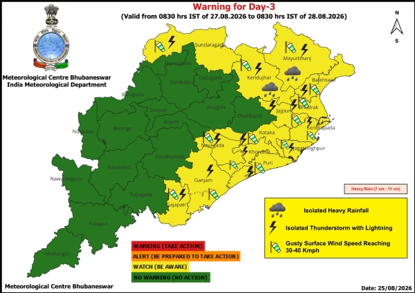 ଝଡ଼, ବଜ୍ରପାତ ଓ ପବନର ସମ୍ଭାବନା ନେଇ ୨୭ ତାରିଖ ସକାଳ ଠାରୁ ୨୮ ତାରିଖ ସକାଳ ସୁଦ୍ଧା ୧୪ ଜିଲ୍ଲାକୁ ୟେଲୋ ୱାର୍ଣ୍ଣିଂ