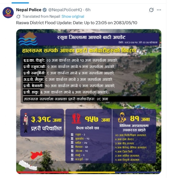 नेपाल पुलिस की एक्स पोस्ट में दिया गया बाढ़ का अपडेट नेपाल पुलिस की एक्स पोस्ट में दिया गया बाढ़ का अपडेट