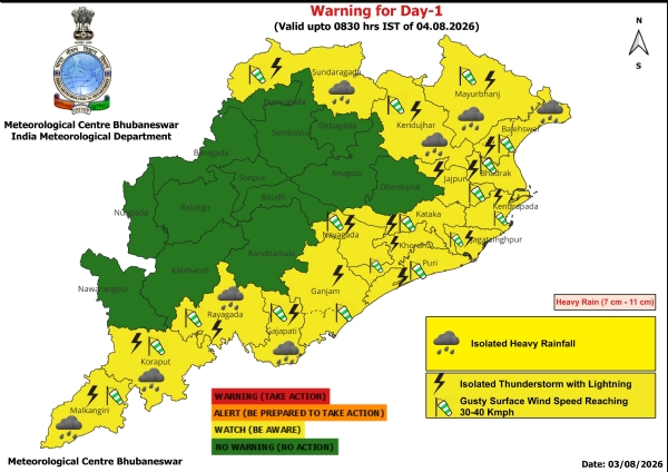 ଆଗାମୀ ୨୪ ଘଂଟା ପାଇଁ ୧୭ ଜିଲ୍ଲାକୁ ୟେଲୋ ୱାର୍ଣ୍ଣିଂ