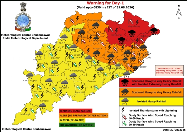 ଭୀଷଣ ବର୍ଷା ସମ୍ଭାବନା : ଆଗାମୀ ୨୪ ଘଂଟା ୩ ଜିଲ୍ଲାକୁ ରେଡ୍ ୱାର୍ଣ୍ଣିଂ, ୧୦ ଜିଲ୍ଲାକୁ ଅରେଞ୍ଜ ୱାର୍ଣ୍ଣିଂ, ୧୩ ଜିଲ୍ଲାକୁ ୟେଲୋ ୱାର୍ଣ୍ଣିଂ ଭୀଷଣ ବର୍ଷା ସମ୍ଭାବନା : ଆଗାମୀ ୨୪ ଘଂଟା ୩ ଜିଲ୍ଲାକୁ ରେଡ୍ ୱାର୍ଣ୍ଣିଂ, ୧୦ ଜିଲ୍ଲାକୁ ଅରେଞ୍ଜ ୱାର୍ଣ୍ଣିଂ, ୧୩ ଜିଲ୍ଲାକୁ ୟେଲୋ ୱାର୍ଣ୍ଣିଂ