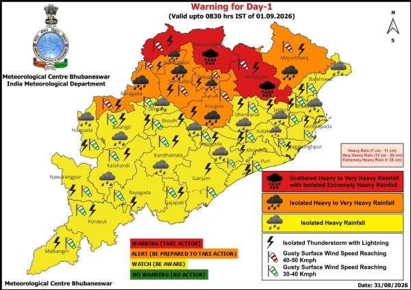 ଭୀଷଣ ବର୍ଷା ସମ୍ଭାବନା : ଆଗାମୀ ୨୪ ଘଂଟା ୨ ଜିଲ୍ଲାକୁ ରେଡ୍ ୱାର୍ଣ୍ଣିଂ, ୬ ଜିଲ୍ଲାକୁ ଅରେଞ୍ଜ ୱାର୍ଣ୍ଣିଂ, ୧୨ ଜିଲ୍ଲାକୁ ୟେଲୋ ୱାର୍ଣ୍ଣିଂ