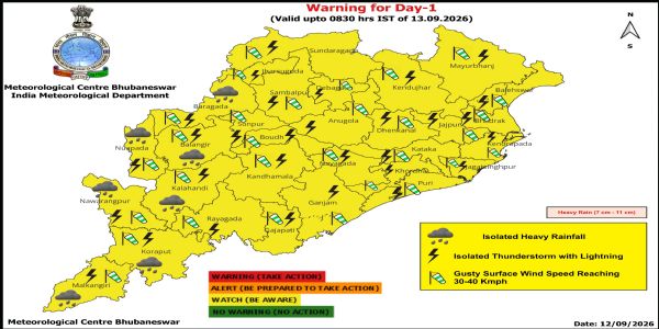 ଭୀଷଣ ବର୍ଷା ସମ୍ଭାବନା : ଆଗାମୀ ୨୪ ଘଂଟା ପାଇଁ ୭ ଜିଲ୍ଲାକୁ ୟେଲୋ ୱାର୍ଣ୍ଣିଂ