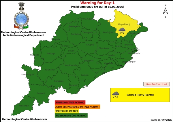 ଭୀଷଣ ବର୍ଷା ସମ୍ଭାବନା : ଆଗାମୀ ୨୪ ଘଂଟା ପାଇଁ ମୟୂରଭଞ୍ଜ ଜିଲ୍ଲାକୁ ୟେଲୋ ୱାର୍ଣ୍ଣିଂ ଭୀଷଣ ବର୍ଷା ସମ୍ଭାବନା : ଆଗାମୀ ୨୪ ଘଂଟା ପାଇଁ ମୟୂରଭଞ୍ଜ ଜିଲ୍ଲାକୁ ୟେଲୋ ୱାର୍ଣ୍ଣିଂ