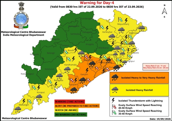 ଭୀଷଣରୁ ଅତି ଭୀଷଣ ବର୍ଷା ସମ୍ଭାବନା ନେଇ ଆସନ୍ତା ୨୨ ତାରିଖ ସକାଳ ଠାରୁ ୨୩ ତାରିଖ ସକାଳ ସୁଦ୍ଧା ୫ ଜିଲ୍ଲାକୁ ଅରେଞ୍ଜ ୱାର୍ଣ୍ଣିଂ, ଭୀଷଣ ବର୍ଷା ସମ୍ଭାବନା ନେଇ ୧୩ ଜିଲ୍ଲାକୁ ୟେଲୋ ୱାର୍ଣ୍ଣିଂ । ଭୀଷଣରୁ ଅତି ଭୀଷଣ ବର୍ଷା ସମ୍ଭାବନା ନେଇ ଆସନ୍ତା ୨୨ ତାରିଖ ସକାଳ ଠାରୁ ୨୩ ତାରିଖ ସକାଳ ସୁଦ୍ଧା ୫ ଜିଲ୍ଲାକୁ ଅରେଞ୍ଜ ୱାର୍ଣ୍ଣିଂ, ଭୀଷଣ ବର୍ଷା ସମ୍ଭାବନା ନେଇ ୧୩ ଜିଲ୍ଲାକୁ ୟେଲୋ ୱାର୍ଣ୍ଣିଂ ।