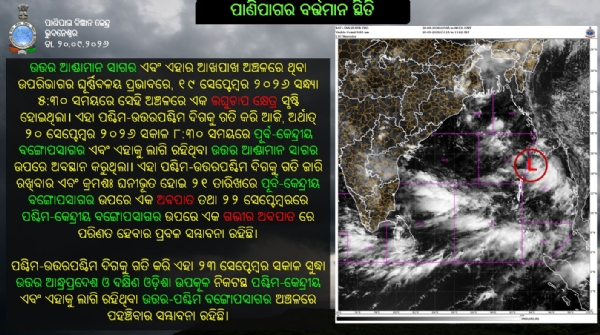 ପୂର୍ବ-କେନ୍ଦ୍ରୀୟ ବଙ୍ଗୋପସାଗର ଏବଂ ଉତର ଆଣ୍ଡାମାନ ସାଗର ଉପରେ ଲଘୁଚାପ କ୍ଷେତ୍ର : ୨୧ରେ ଅବପାତ, ୨୨ରେ ଗଭୀର ଅବପାତ ପୂର୍ବ-କେନ୍ଦ୍ରୀୟ ବଙ୍ଗୋପସାଗର ଏବଂ ଉତର ଆଣ୍ଡାମାନ ସାଗର ଉପରେ ଲଘୁଚାପ କ୍ଷେତ୍ର : ୨୧ରେ ଅବପାତ, ୨୨ରେ ଗଭୀର ଅବପାତ
