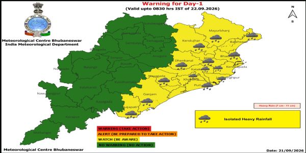 ଭୀଷଣ ବର୍ଷା ସମ୍ଭାବନା : ଆଗାମୀ ୨୪ ଘଂଟା ପାଇଁ ୧୪ ଜିଲ୍ଲାକୁ ୟେଲୋ ୱାର୍ଣ୍ଣିଂ : ଆସନ୍ତା ୨୧ରୁ ୨୭ ତାରିଖ ପର୍ଯ୍ୟନ୍ତ ରାଜ୍ୟର କେତେକ ଜିଲ୍ଲାକୁ ଚେତାବନୀ