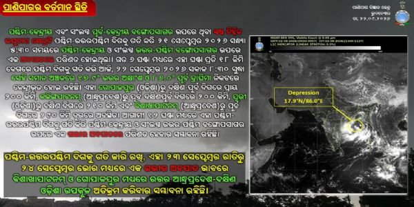 ଲଘୁଚାପ ଆଗାମୀ ୧୨ ଘଂଟା ମଧ୍ୟରେ ଗଭୀର ଅବପାତରେ ପରିଣତ ହେବାର ସମ୍ଭାବନା : ୨୩ ତାରିଖ ରାତିରୁ ୨୪ ତାରିଖ ଭୋର୍ ମଧ୍ୟରେ ବିଶାଖାପାଟନମ୍ ଓ ଗୋପାଳପୁର ମଧ୍ୟରେ ଉତର ଆନ୍ଧ୍ରପ୍ରଦେଶ-ଦକ୍ଷିଣ ଓଡ଼ିଶା ଉପକୂଳ ଅତିକ୍ରମ କରିବାର ସମ୍ଭାବନା