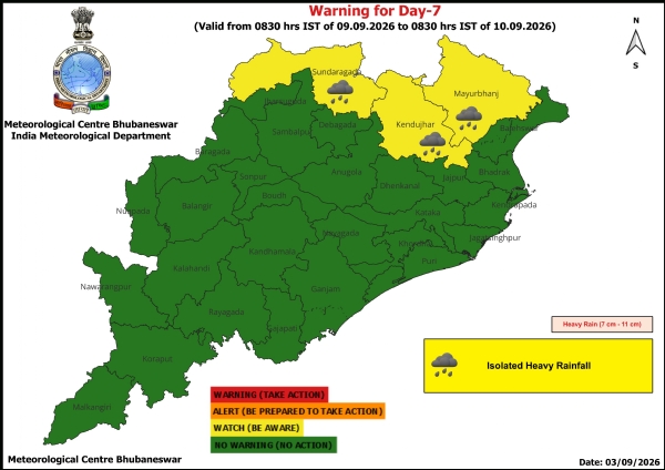 ଭୀଷଣ ବର୍ଷା ସମ୍ଭାବନା : ଆସନ୍ତା ୯ ତାରିଖ ସକାଳ ଠାରୁ ୧୦ ତାରିଖ ସକାଳ ପର୍ଯ୍ୟନ୍ତ ୩ ଜିଲ୍ଲାକୁ ୟେଲୋ ୱାର୍ଣ୍ଣିଂ ଭୀଷଣ ବର୍ଷା ସମ୍ଭାବନା : ଆସନ୍ତା ୯ ତାରିଖ ସକାଳ ଠାରୁ ୧୦ ତାରିଖ ସକାଳ ପର୍ଯ୍ୟନ୍ତ ୩ ଜିଲ୍ଲାକୁ ୟେଲୋ ୱାର୍ଣ୍ଣିଂ