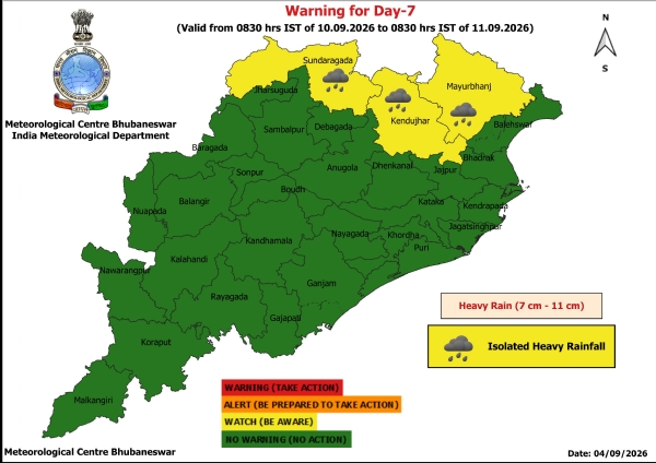 ୧୦ ତାରିଖ ସକାଳ ଠାରୁ ୧୧ ତାରିଖ ସକାଳ ପର୍ଯ୍ୟନ୍ତ ୩ ଜିଲ୍ଲା (ସୁନ୍ଦରଗଡ଼, କେନ୍ଦୁଝର, ମୟୂରଭଞ୍ଜ)କୁ ୟେଲୋ ୱାର୍ଣ୍ଣିଂ