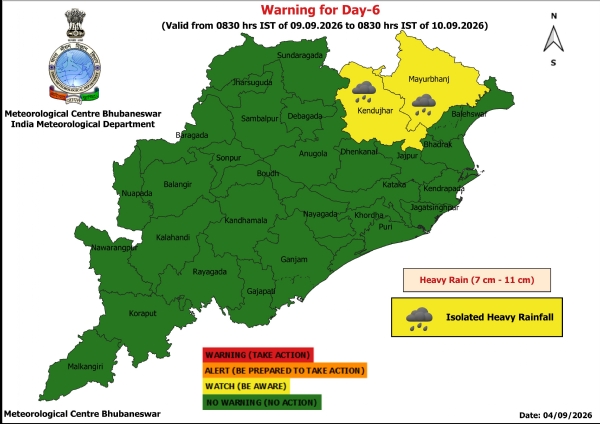 ୯ ତାରିଖ ସକାଳ ଠାରୁ ୧୦ ତାରିଖ ସକାଳ ପର୍ଯ୍ୟନ୍ତ ୨ ଜିଲ୍ଲା(କେନ୍ଦୁଝର, ମୟୂରଭଞ୍ଜ)କୁ ୟେଲୋ ୱାର୍ଣ୍ଣିଂ