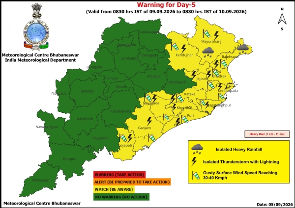 ଭୀଷଣ ବର୍ଷା ସମ୍ଭାବନା ନେଇ ୯ ତାରିଖ ସକାଳ ଠାରୁ ୧୦ ତାରିଖ ସକାଳ ପର୍ଯ୍ୟନ୍ତ ୨ ଜିଲ୍ଲା(ବାଲେଶ୍ୱର, ମୟୂରଭଞ୍ଜ)କୁ ୟେଲୋ ୱାର୍ଣ୍ଣିଂ